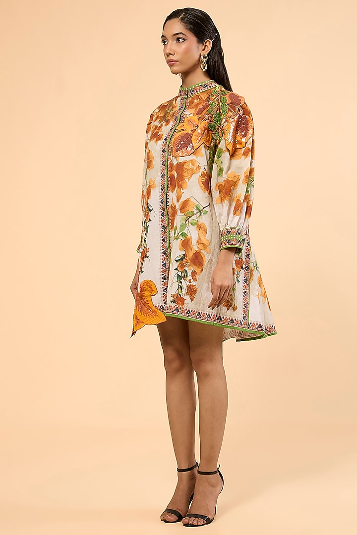 Warm Yellow Cotton Linen Printed & Embroidered A-Line Cocktail Dress by Rajdeep Ranawat at Pernia's Pop Up Shop