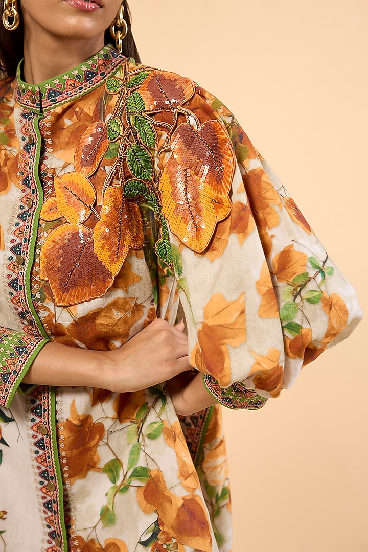 Warm Yellow Cotton Linen Printed & Embroidered A-Line Cocktail Dress by Rajdeep Ranawat at Pernia's Pop Up Shop
