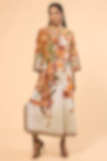 Warm Yellow Cotton Linen Printed & Embroidered A-Line Kaftan by Rajdeep Ranawat at Pernia's Pop Up Shop