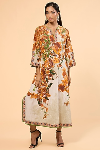 Warm Yellow Cotton Linen Printed & Embroidered A-Line Kaftan by Rajdeep Ranawat