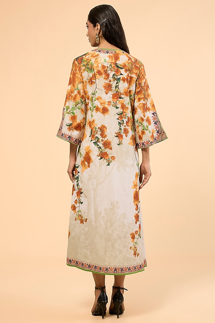 Warm Yellow Cotton Linen Printed & Embroidered A-Line Kaftan by Rajdeep Ranawat at Pernia's Pop Up Shop