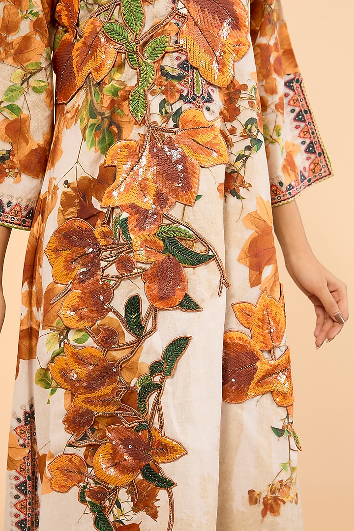 Warm Yellow Cotton Linen Printed & Embroidered A-Line Kaftan by Rajdeep Ranawat at Pernia's Pop Up Shop