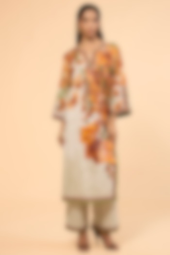 Warm Yellow Cotton Linen Printed & Embroidered Kurta Set by Rajdeep Ranawat at Pernia's Pop Up Shop