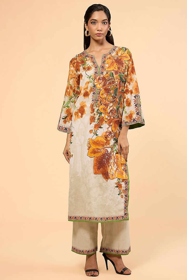 Warm Yellow Cotton Linen Printed & Embroidered Kurta Set by Rajdeep Ranawat at Pernia's Pop Up Shop