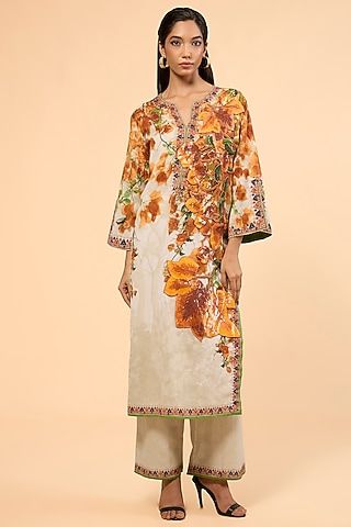 Warm Yellow Cotton Linen Printed & Embroidered Kurta Set by Rajdeep Ranawat