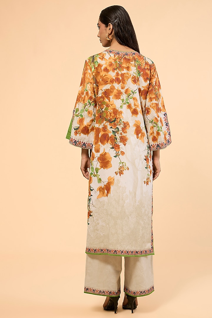 Warm Yellow Cotton Linen Printed & Embroidered Kurta Set by Rajdeep Ranawat at Pernia's Pop Up Shop