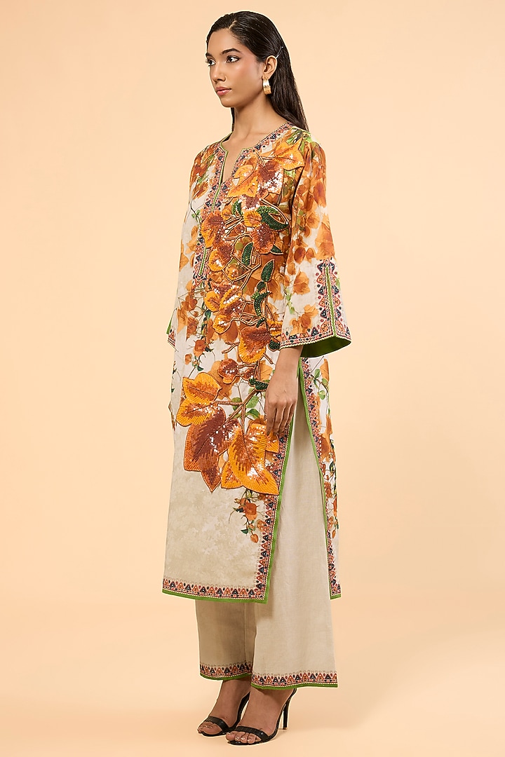 Warm Yellow Cotton Linen Printed & Embroidered Kurta Set by Rajdeep Ranawat at Pernia's Pop Up Shop