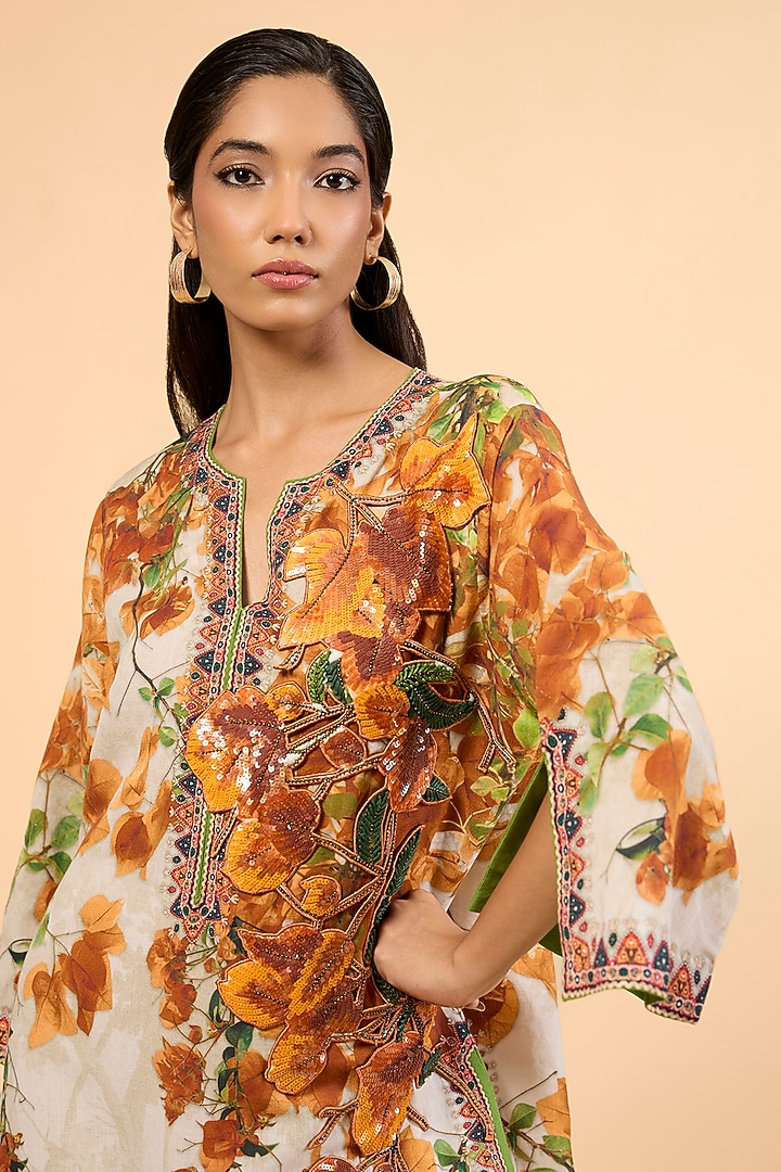 Warm Yellow Cotton Linen Printed & Embroidered Kurta Set by Rajdeep Ranawat at Pernia's Pop Up Shop