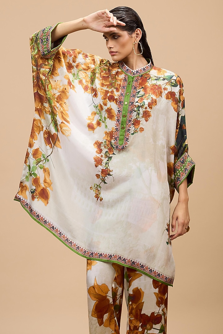 Mustard-Pale Gold Silk Printed Tunic Set by Rajdeep Ranawat at Pernia's Pop Up Shop