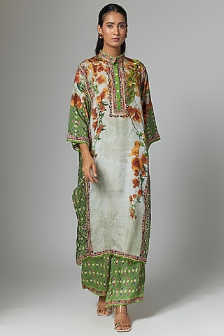 Warm Yellow Silk Printed Tunic Set by Rajdeep Ranawat