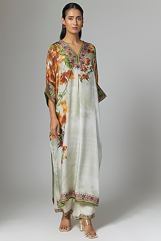 Warm Yellow Silk Printed Kaftan Tunic Set by Rajdeep Ranawat