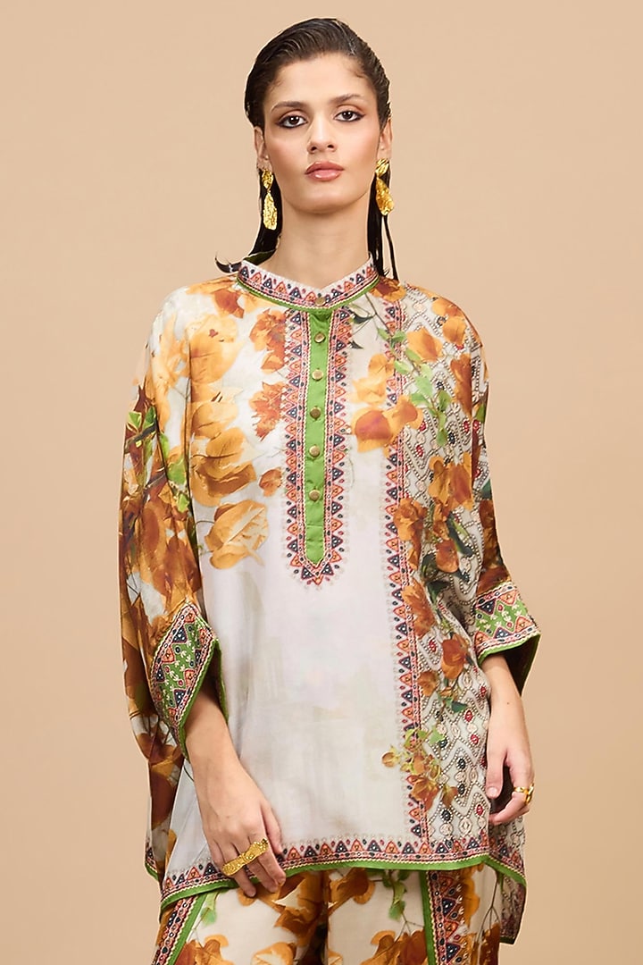 Mustard-Pale Gold Silk Printed Tunic Set by Rajdeep Ranawat at Pernia's Pop Up Shop