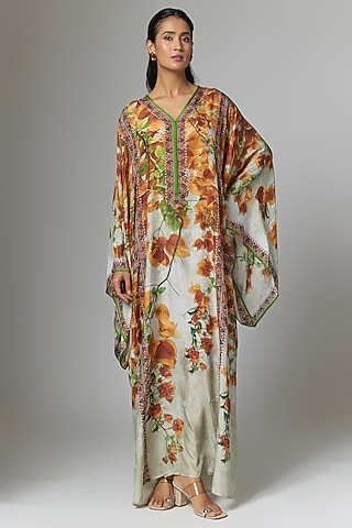 Warm Yellow Silk Printed Kaftan by Rajdeep Ranawat