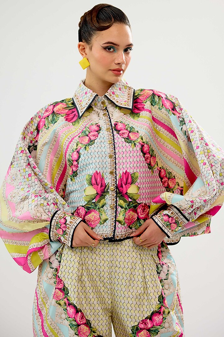 Vanilla-Colored Poly Dupion Printed Co-Ord Set by Rajdeep Ranawat at Pernia's Pop Up Shop