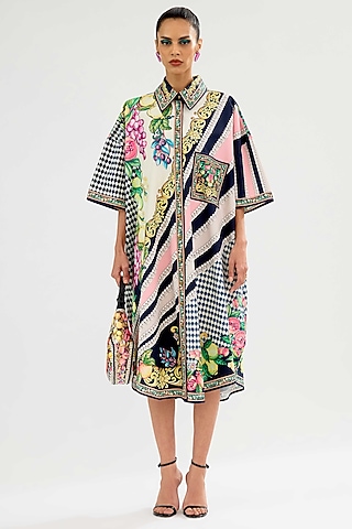 Black-Blush Cotton Poplin Oversized Shirt Dress by Rajdeep Ranawat