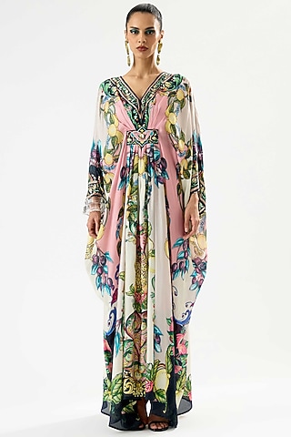 Ivory-Blush Silk Printed Kaftan by Rajdeep Ranawat
