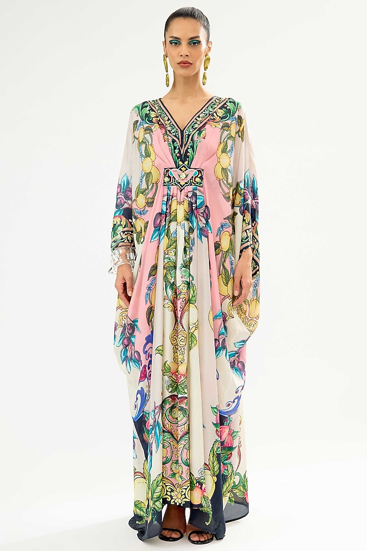 Ivory-Blush Silk Printed Kaftan by Rajdeep Ranawat at Pernia's Pop Up Shop