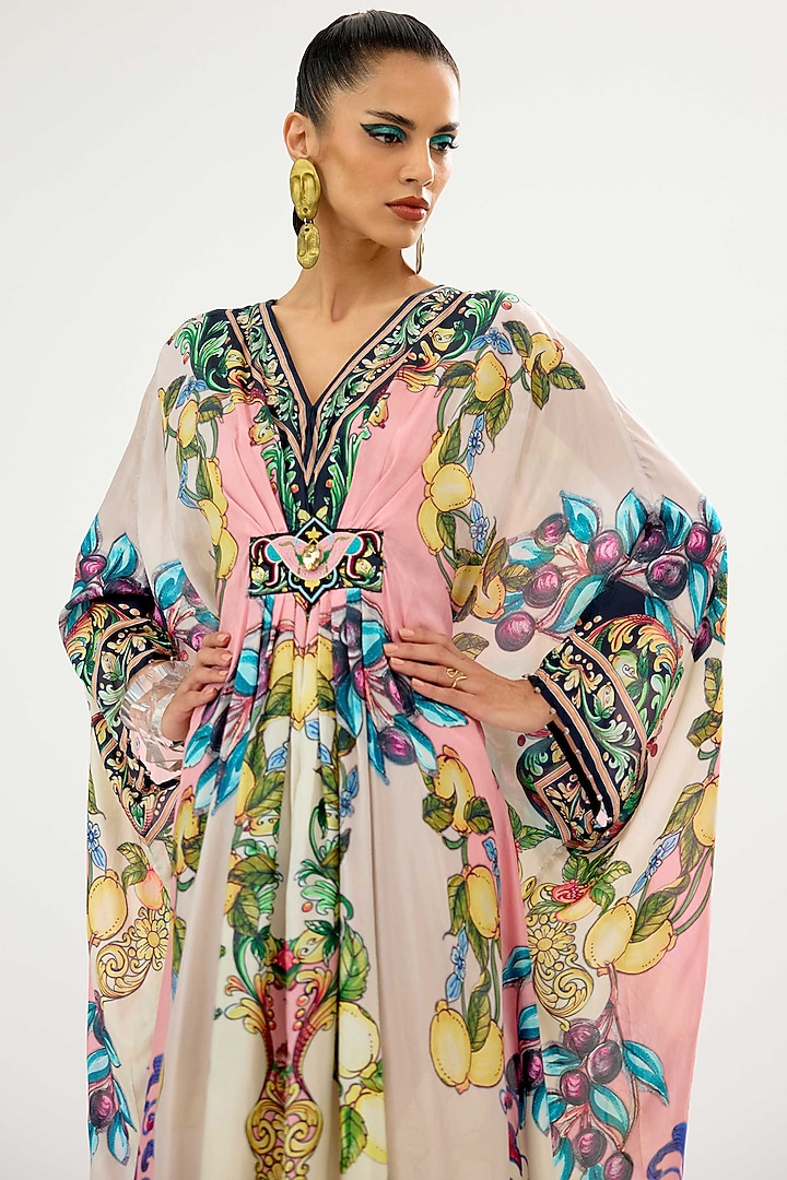 Ivory-Blush Silk Printed Kaftan by Rajdeep Ranawat at Pernia's Pop Up Shop