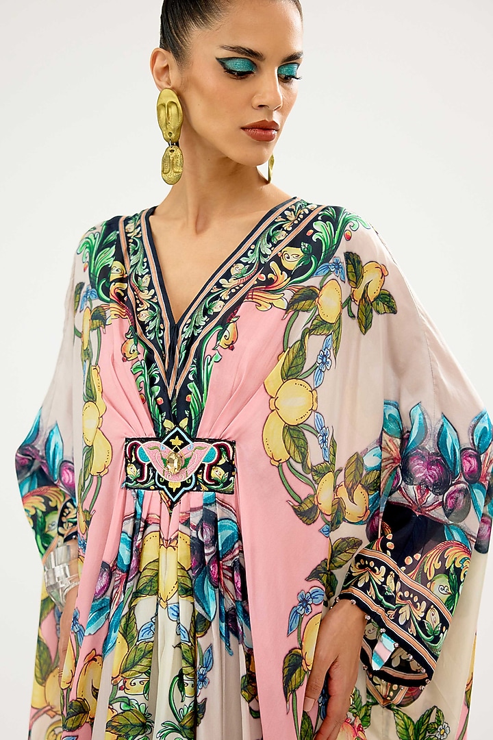 Ivory-Blush Silk Printed Kaftan by Rajdeep Ranawat at Pernia's Pop Up Shop
