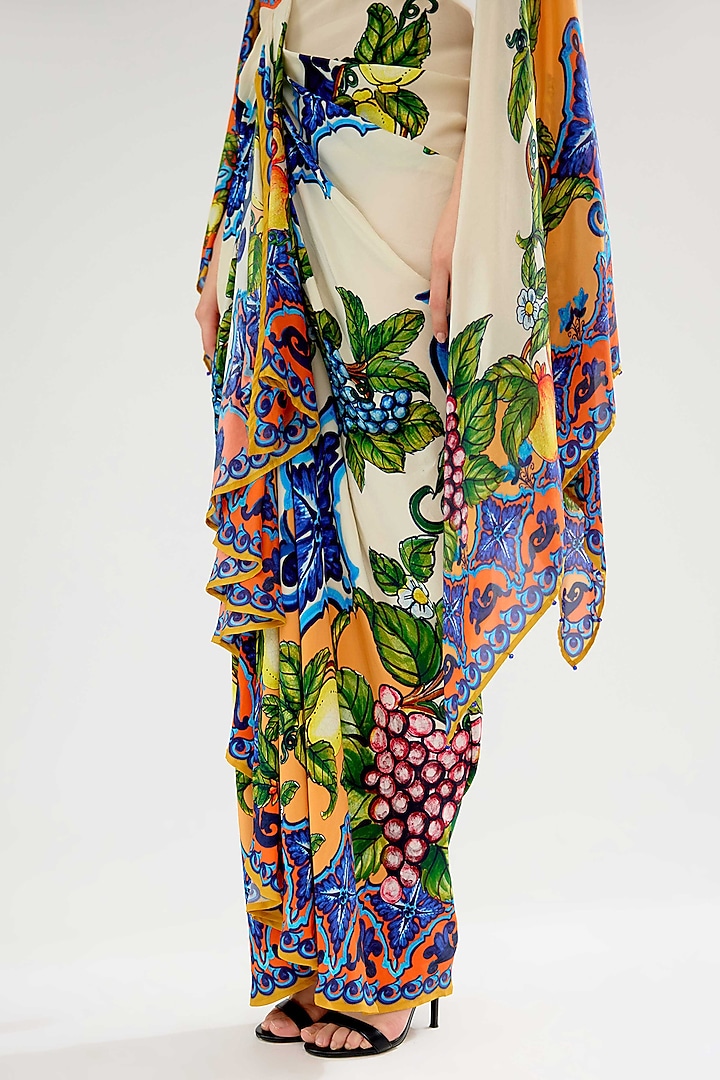 Ivory-Orange Bemberg Crepe & Silk Chiffon Printed Engagement Gown by Rajdeep Ranawat at Pernia's Pop Up Shop