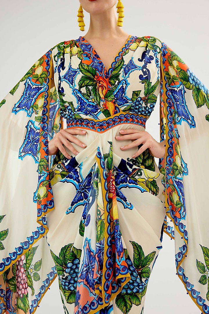 Ivory-Orange Bemberg Crepe & Silk Chiffon Printed Engagement Gown by Rajdeep Ranawat at Pernia's Pop Up Shop
