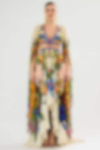 Ivory-Multi-Colored Silk Chiffon Printed High-Low Maxi Party Wear Dress by Rajdeep Ranawat at Pernia's Pop Up Shop
