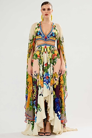Ivory-Multi-Colored Silk Chiffon Printed High-Low Maxi Dress by Rajdeep Ranawat