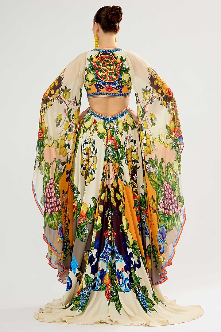 Ivory-Multi-Colored Silk Chiffon Printed High-Low Maxi Party Wear Dress by Rajdeep Ranawat at Pernia's Pop Up Shop