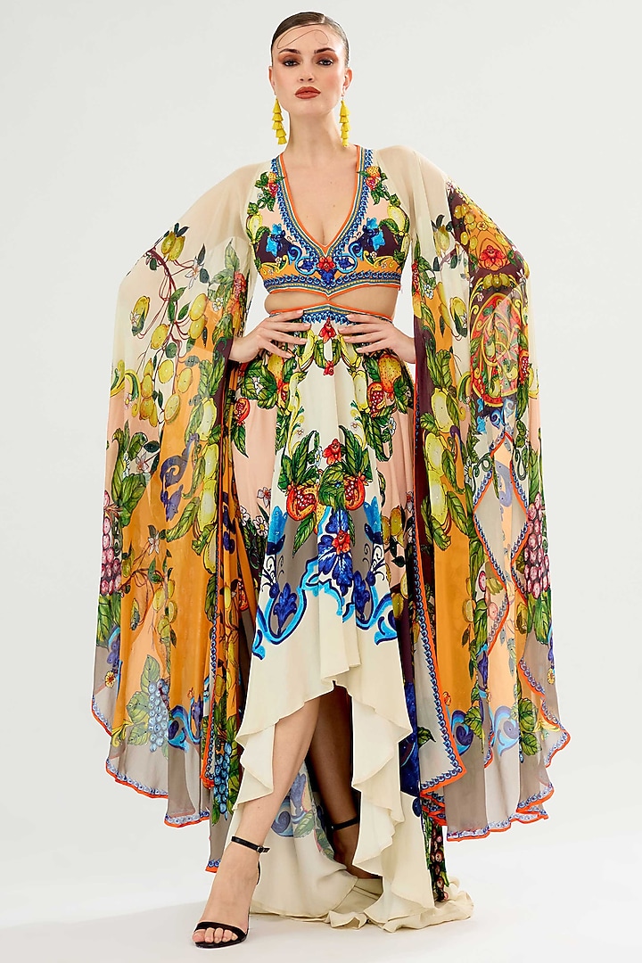 Ivory-Multi-Colored Silk Chiffon Printed High-Low Maxi Party Wear Dress by Rajdeep Ranawat at Pernia's Pop Up Shop