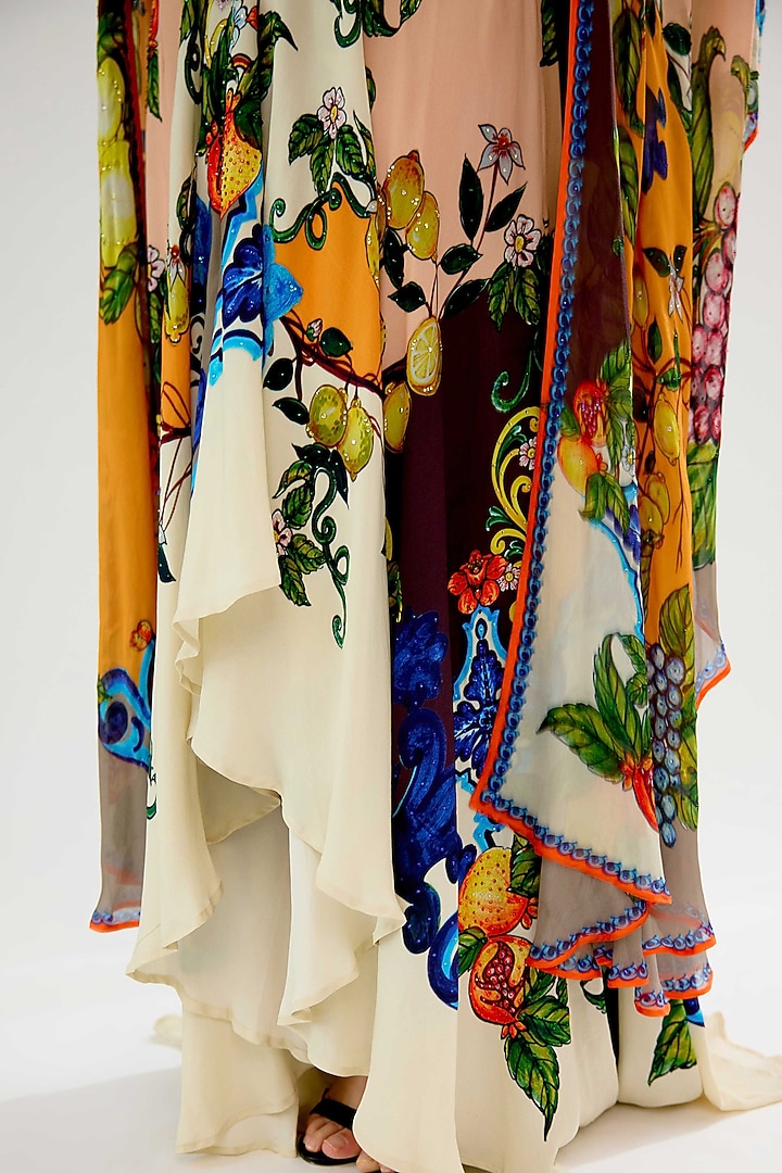 Ivory-Multi-Colored Silk Chiffon Printed High-Low Maxi Party Wear Dress by Rajdeep Ranawat at Pernia's Pop Up Shop