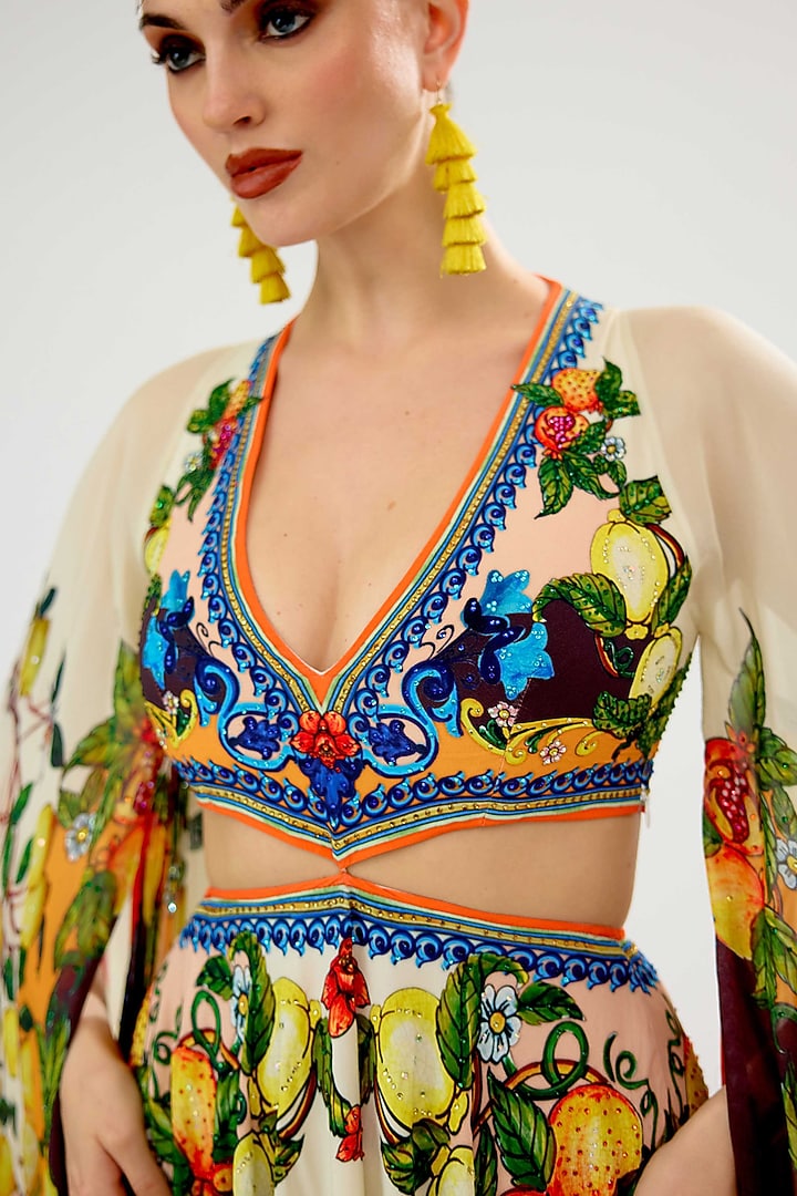 Ivory-Multi-Colored Silk Chiffon Printed High-Low Maxi Party Wear Dress by Rajdeep Ranawat at Pernia's Pop Up Shop