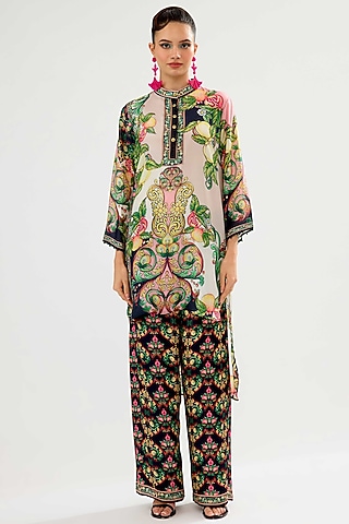 Ivory-Blush Modal Satin Printed Pants by Rajdeep Ranawat