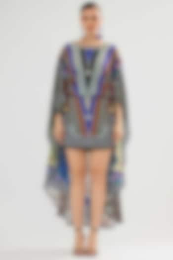 Multi-Colored Bamberg Crepe Printed Cape Cocktail Dress by Rajdeep Ranawat at Pernia's Pop Up Shop