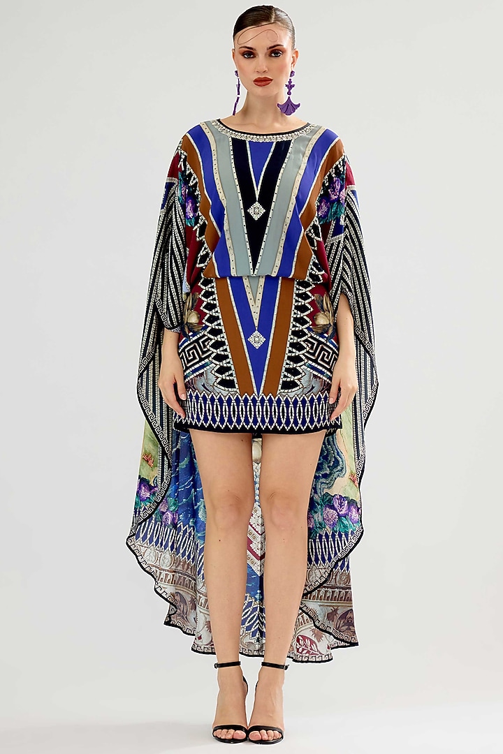 Multi-Colored Bamberg Crepe Printed Cape Cocktail Dress by Rajdeep Ranawat at Pernia's Pop Up Shop