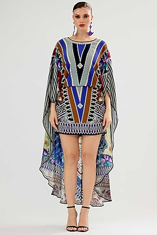 Multi-Colored Bamberg Crepe Printed Cape Dress by Rajdeep Ranawat