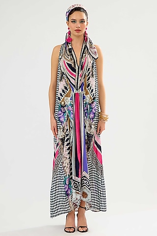 Multi-Colored Silk Printed Maxi Dress by Rajdeep Ranawat