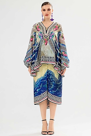 Vanilla & Blue Modal Satin Printed Co-Ord Set by Rajdeep Ranawat