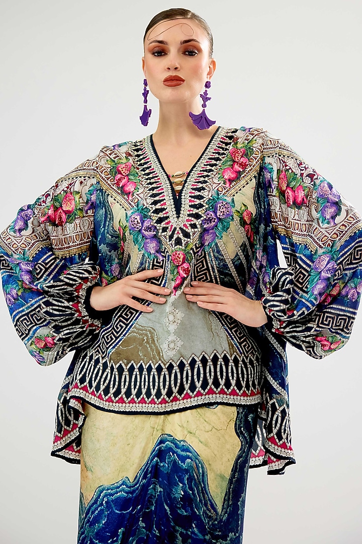 Vanilla & Blue Modal Satin Printed Co-Ord Set by Rajdeep Ranawat at Pernia's Pop Up Shop