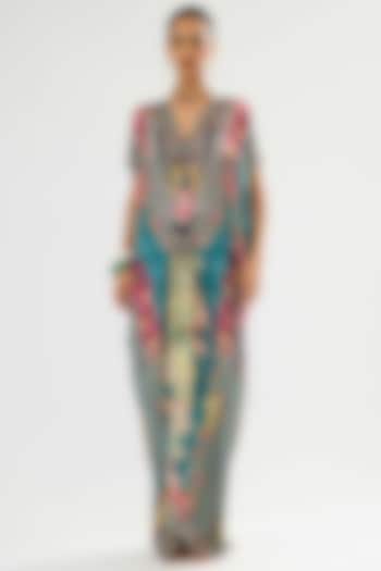Teal Silk Printed Maxi Vacation Dress by Rajdeep Ranawat at Pernia's Pop Up Shop