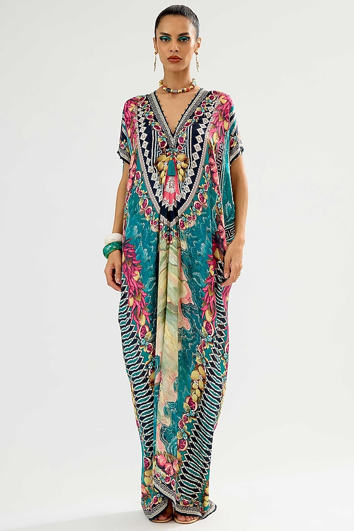 Teal Silk Printed Maxi Vacation Dress by Rajdeep Ranawat at Pernia's Pop Up Shop