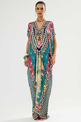 Teal Silk Printed Maxi Dress by Rajdeep Ranawat