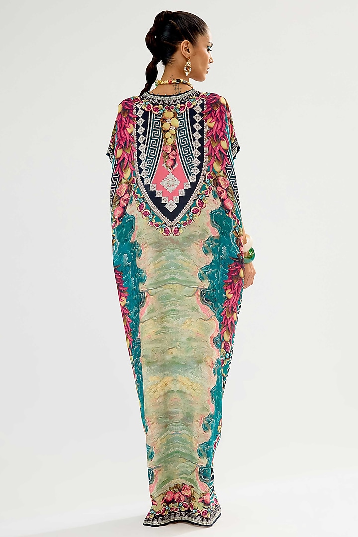 Teal Silk Printed Maxi Vacation Dress by Rajdeep Ranawat at Pernia's Pop Up Shop