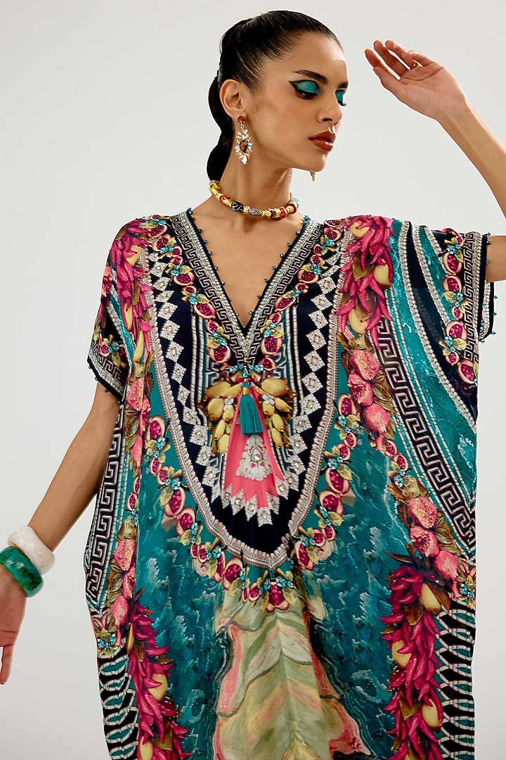Teal Silk Printed Maxi Vacation Dress by Rajdeep Ranawat at Pernia's Pop Up Shop