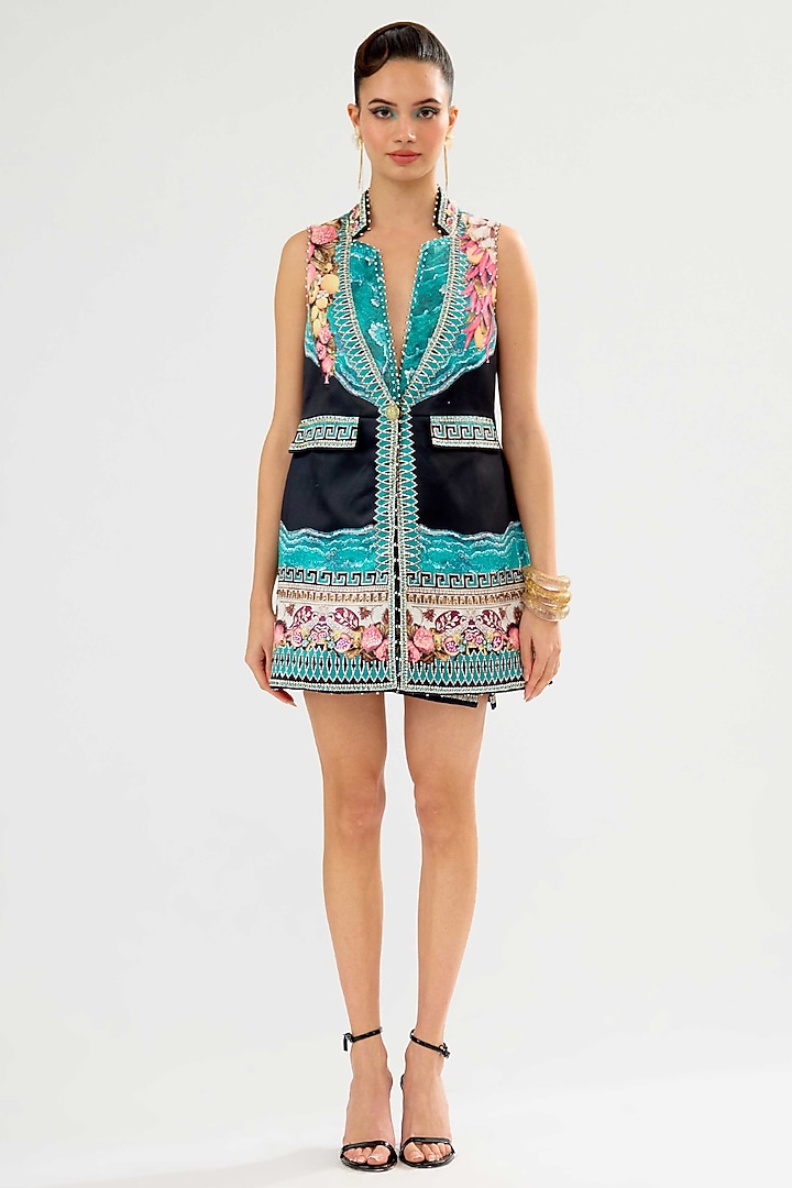 Teal & Black Satin Printed Co-Ord Set by Rajdeep Ranawat at Pernia's Pop Up Shop