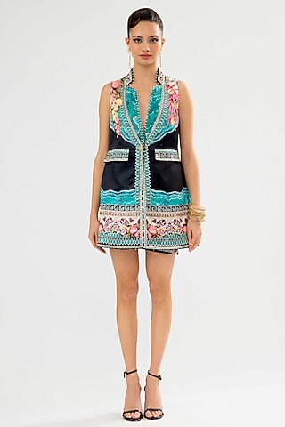 Teal & Black Satin Printed Co-Ord Set by Rajdeep Ranawat