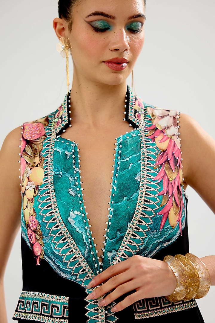Teal & Black Satin Printed Co-Ord Set by Rajdeep Ranawat at Pernia's Pop Up Shop