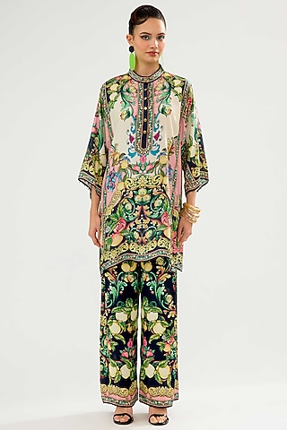Ivory-Blush Modal Satin Printed Pants by Rajdeep Ranawat