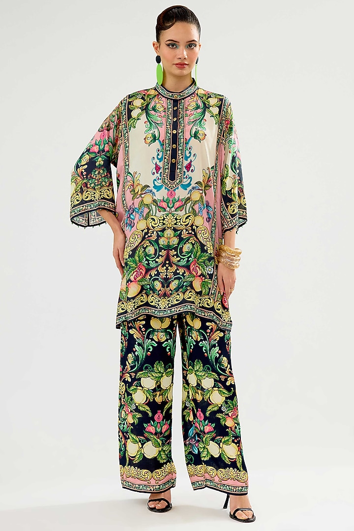 Ivory-Blush Modal Satin Printed Pants by Rajdeep Ranawat at Pernia's Pop Up Shop