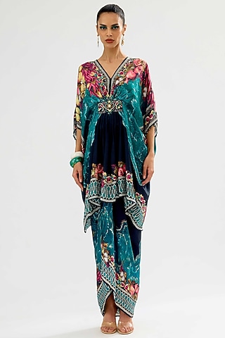 Teal & Black Modal Satin Printed Co-Ord Set by Rajdeep Ranawat