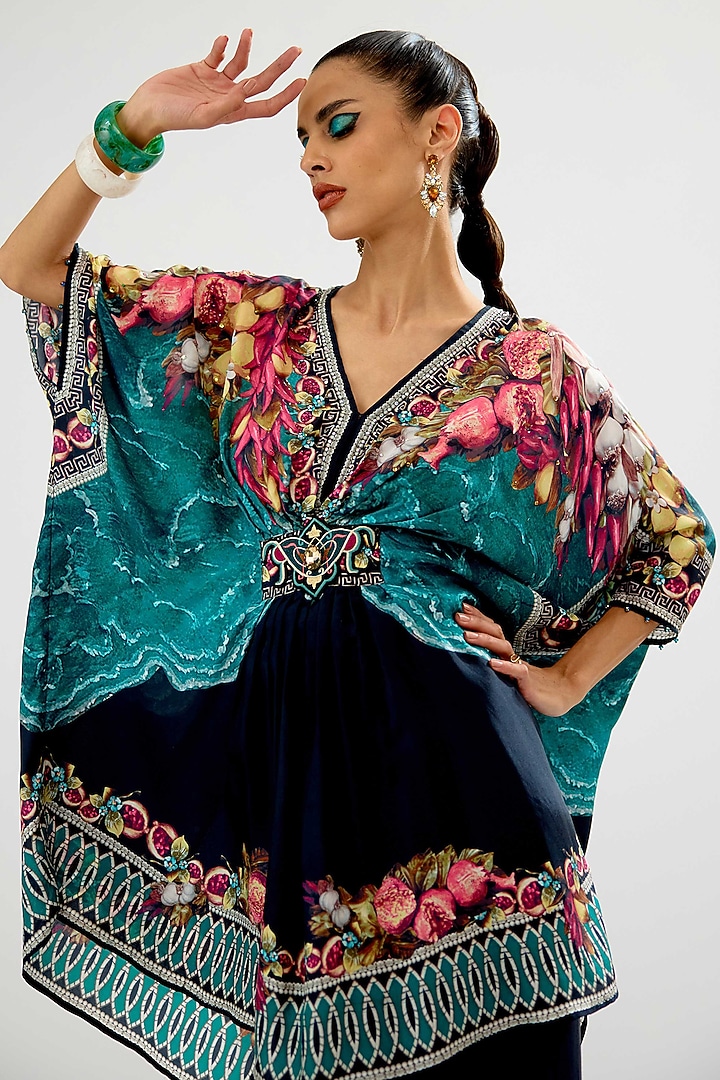 Teal & Black Modal Satin Printed Co-Ord Set by Rajdeep Ranawat at Pernia's Pop Up Shop